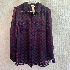 CHICO’S Navy Burgundy Polka Dot Sheer Button Down Blouse Women’s Size 1 Medium